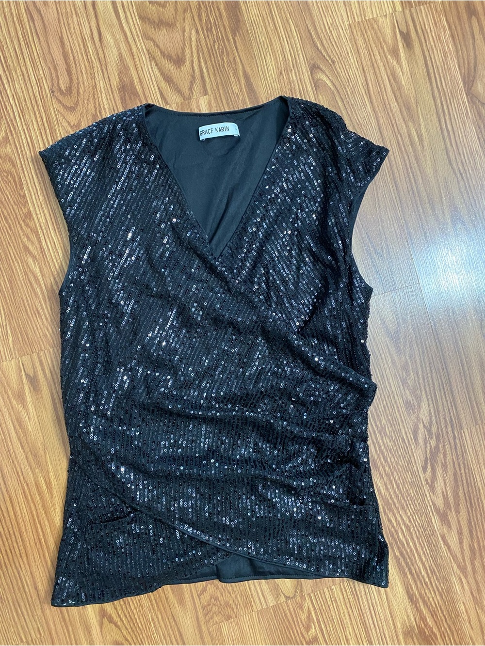 Grace Karin Black Sequin Wrap-Style Sleeveless Top